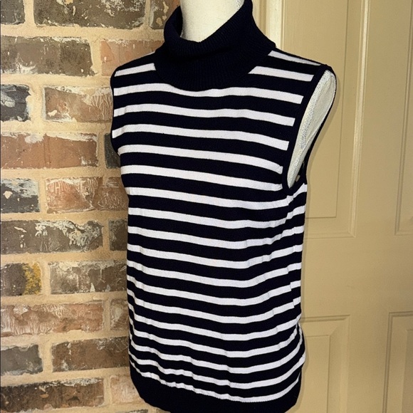 Cable & Gauge Navy White Nautical Stripe Sleeveless Turtleneck Sweater Knit Sz L - Picture 9 of 15
